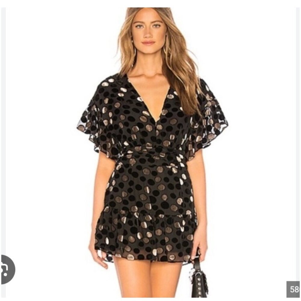 Saylor Romper Womens Small Black Metallic Polka Dot Ruffle Sleeve Party Dressy